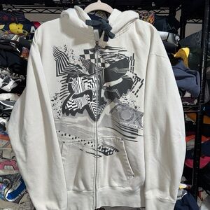Y2K Vintage Fox Motorcross Embroidered Off White Zip Up Hoodie Size Xl
